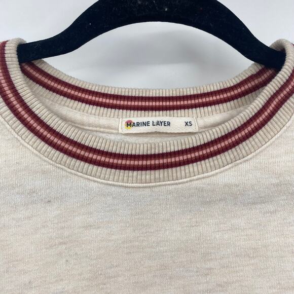 Marine Layer Anytime Crew Neck Ringer Sweatshirt Oatmeal Cream Maroon Womens XS - Picture 5 of 8